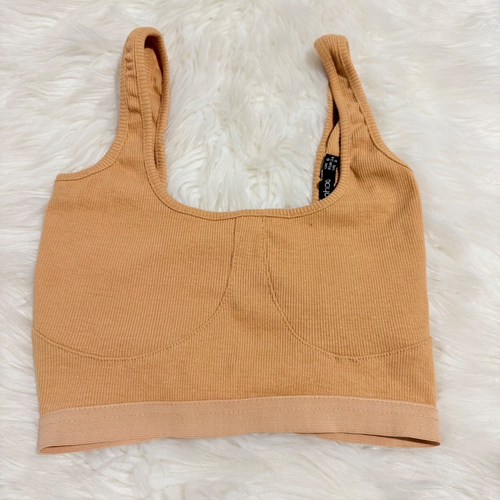 Boohoo Ribbed Bralette Crop Top Tan Camel Hook Back Sleeveless Womens‎ 2